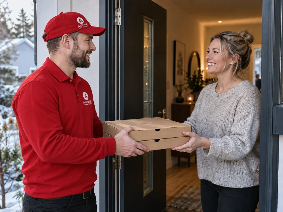 Pizzakuljettaja ojentaa ruokatilauksen naiselle kotiovella