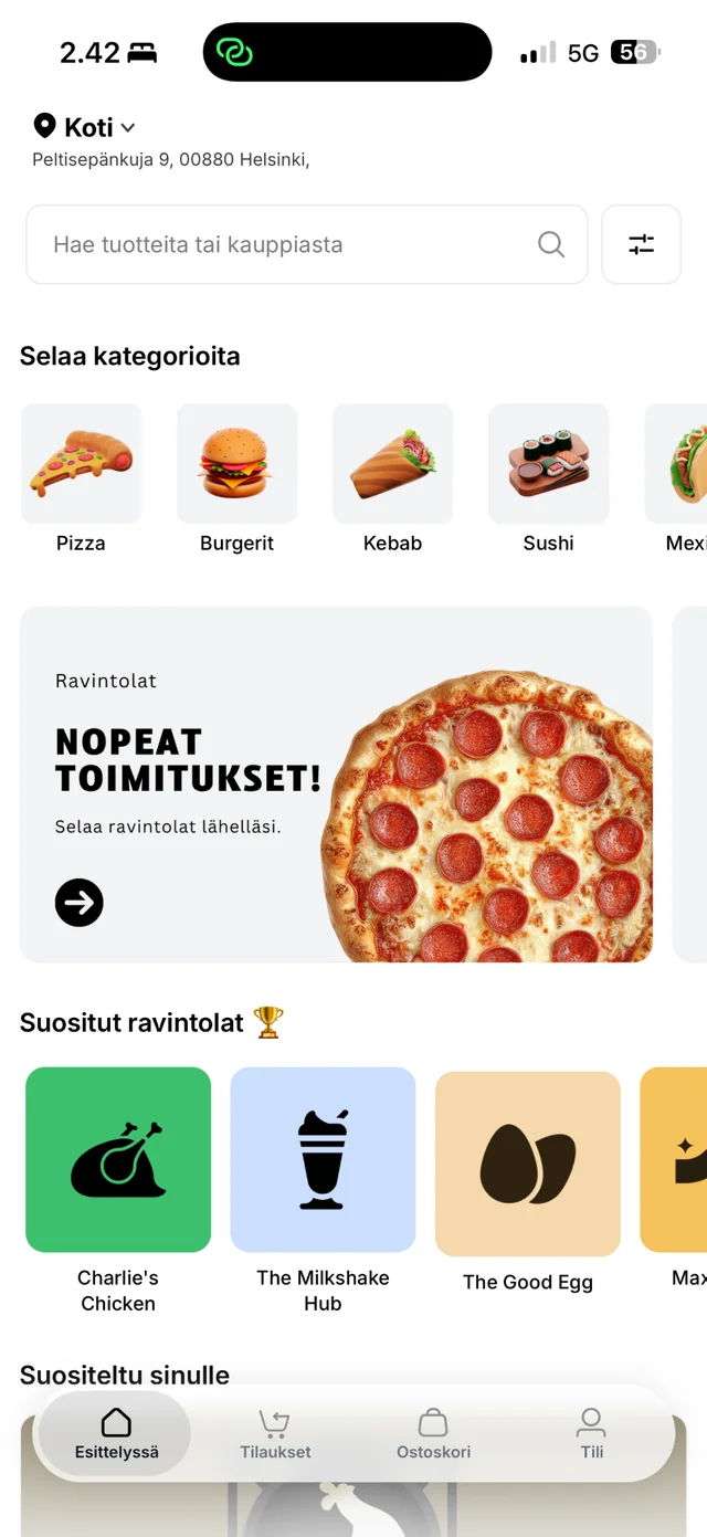 Yumfood-sovelluksen etusivu: kategoriat, nopeat toimitukset ja suositut ravintolat